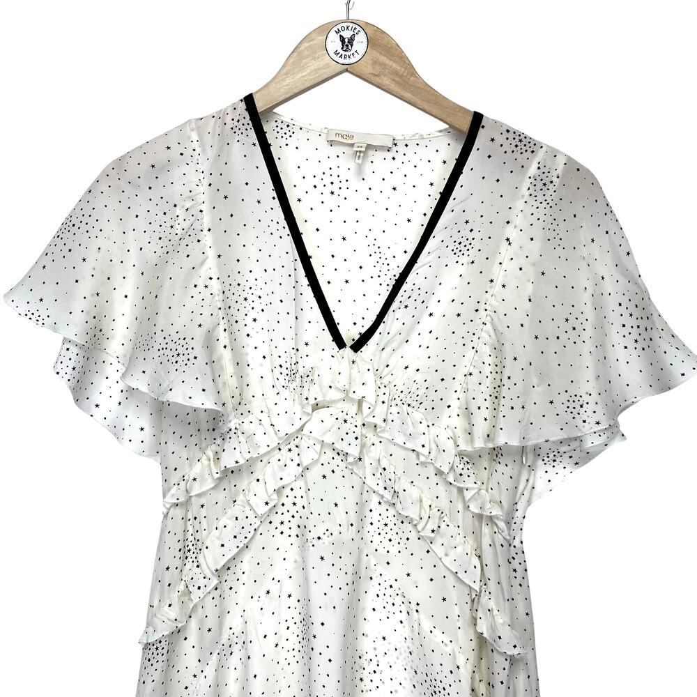 MAJE Racky Dress Sz XS Star Print Ruffle Midi Ivory Black Celestial Whimsigoth